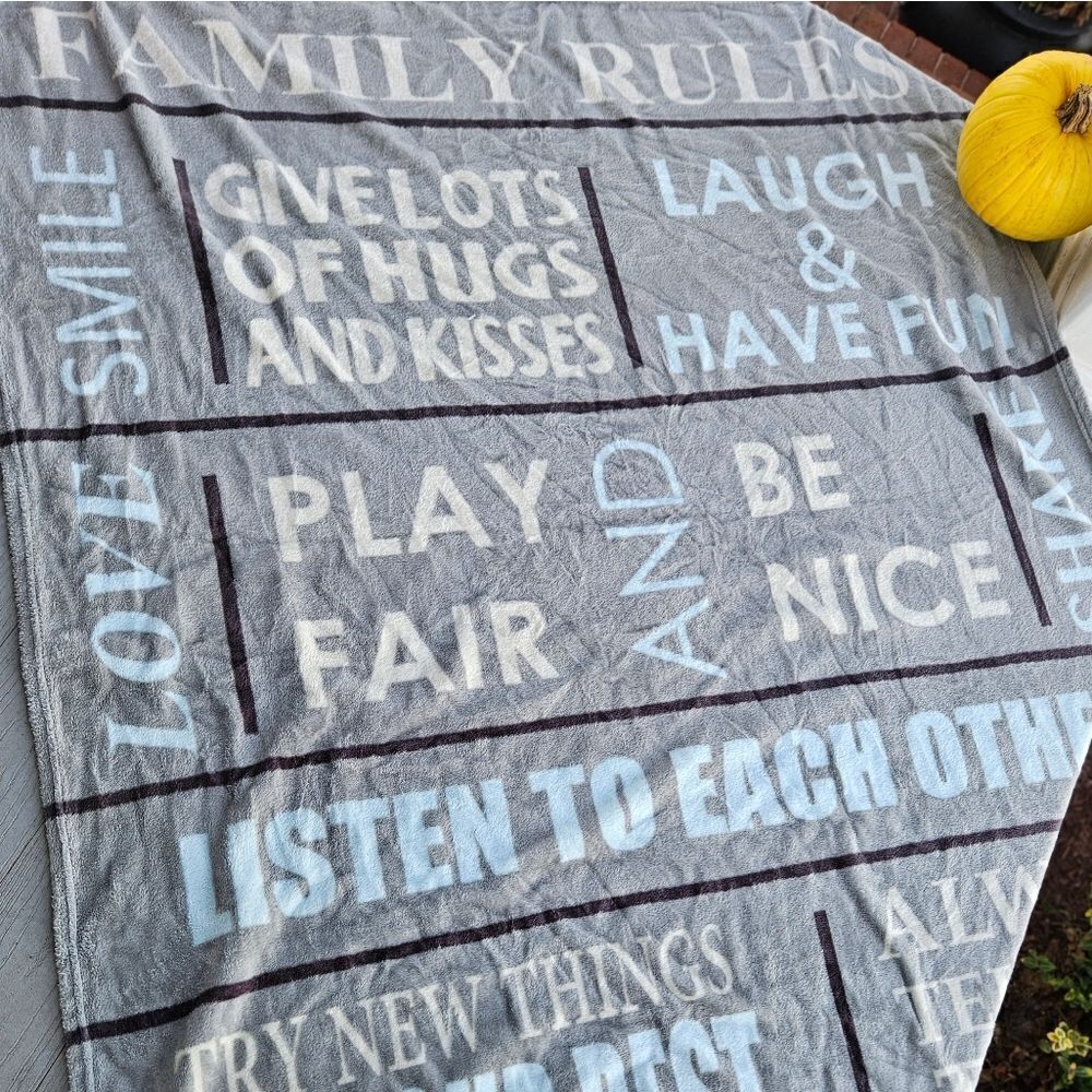 Family Rules pattern fleece microfiber blanket 50 x 58" pre loved